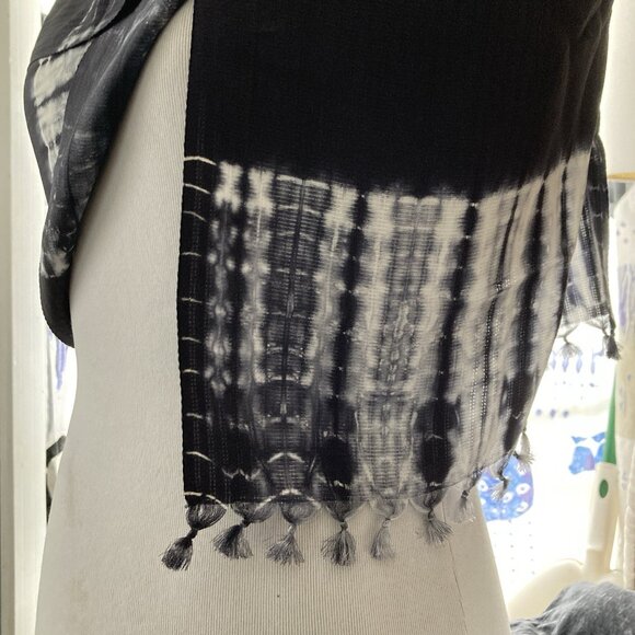 ARTISNAL Wide Scarf Hand Dyed Tribal Geometric Design Black Crepe Silk - Picture 2 of 12